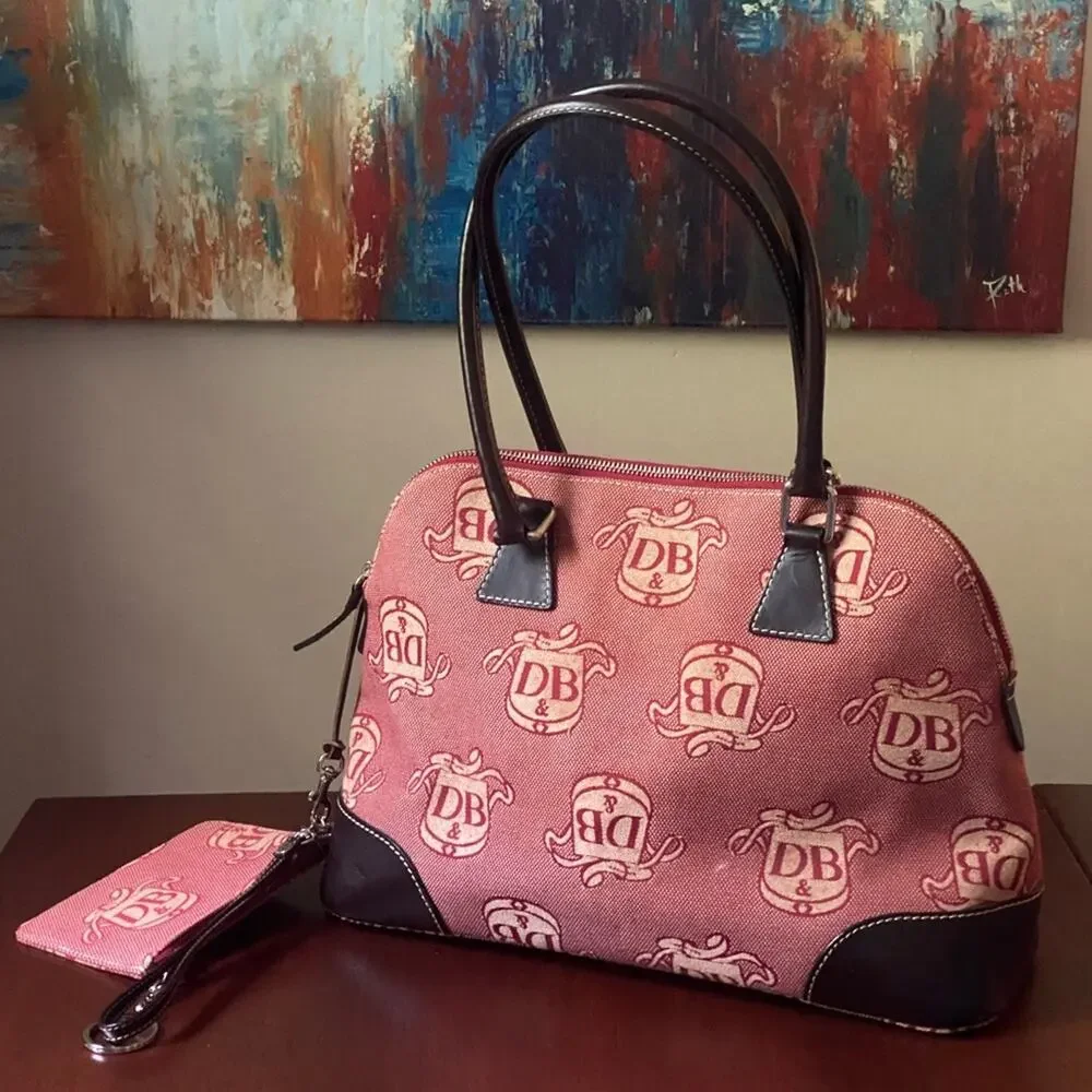 Vintage Dooney & Bourke Logo Canvas Red Domed Satchel Purse and Wristlet Set